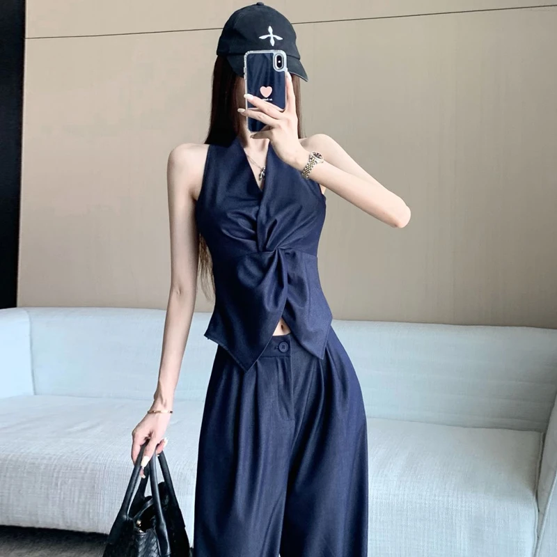 时尚减龄无袖上衣休闲套装女夏季薄款气质高腰直筒阔腿裤两件套潮