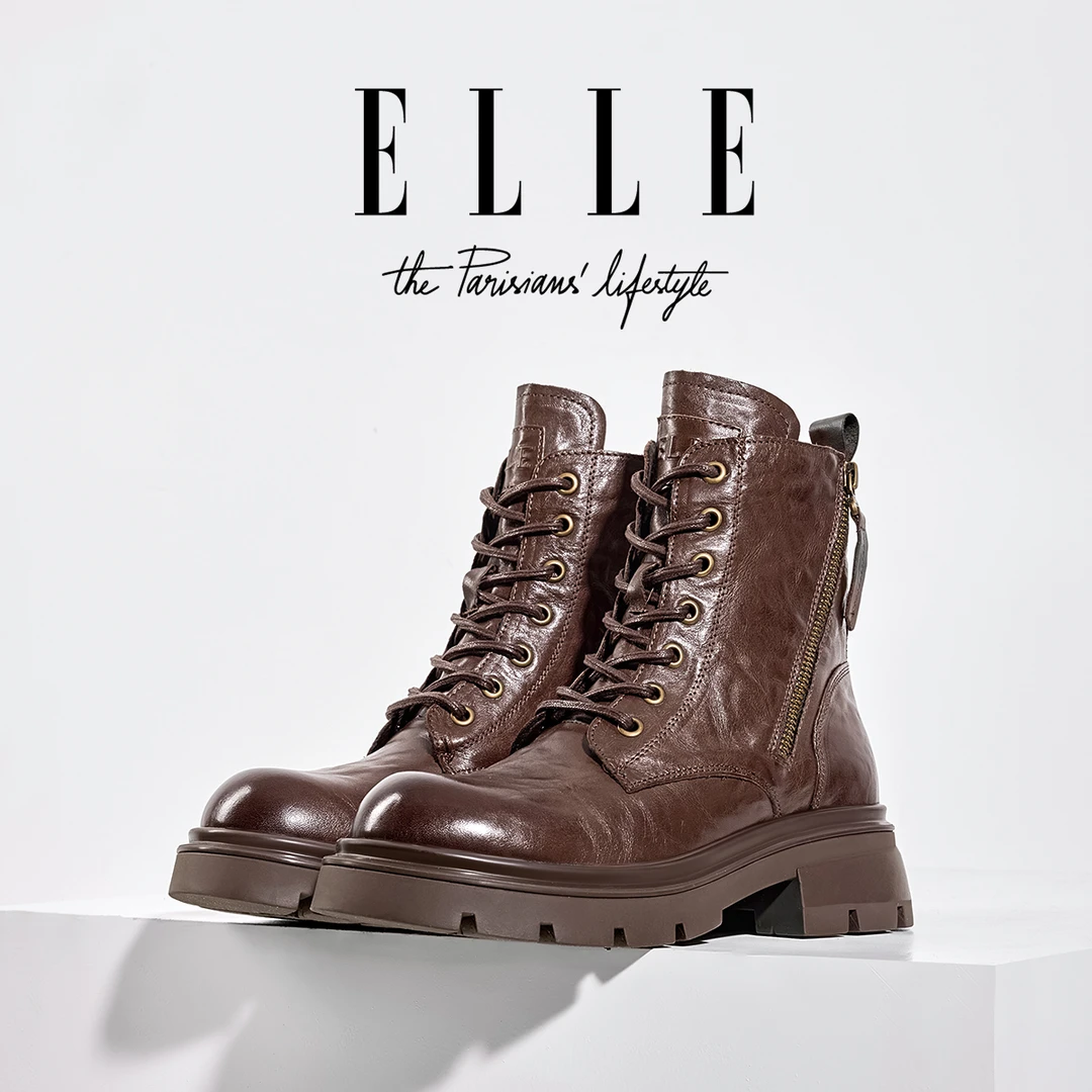 ELLE欧货手抓纹牛皮登山短靴女2025新款美拉德粗跟厚底系带马丁靴