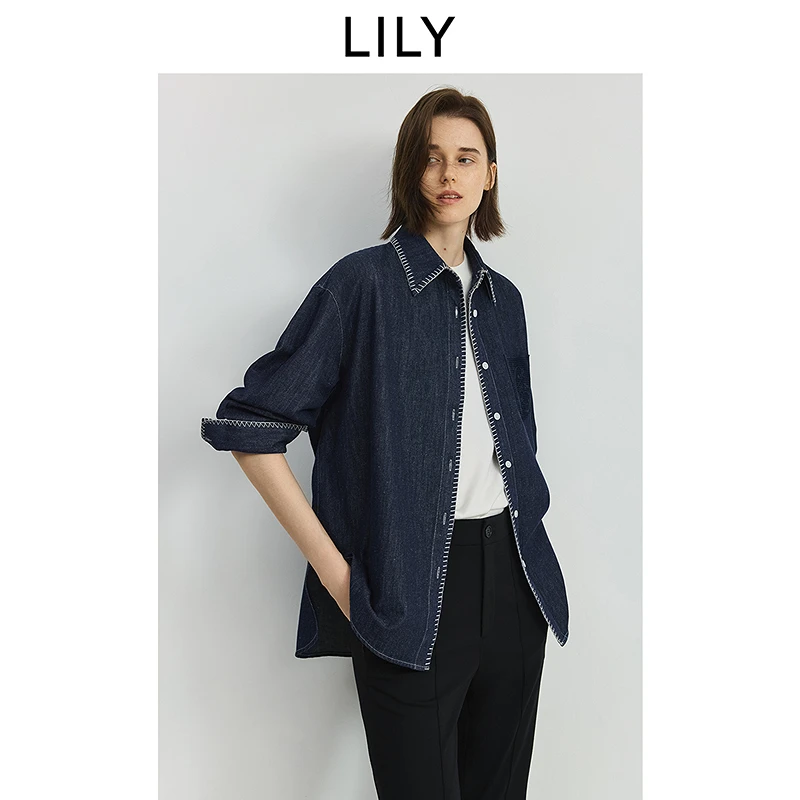 LILY2025秋棉麻原色牛仔蓝色衬衫外套女125349C4926