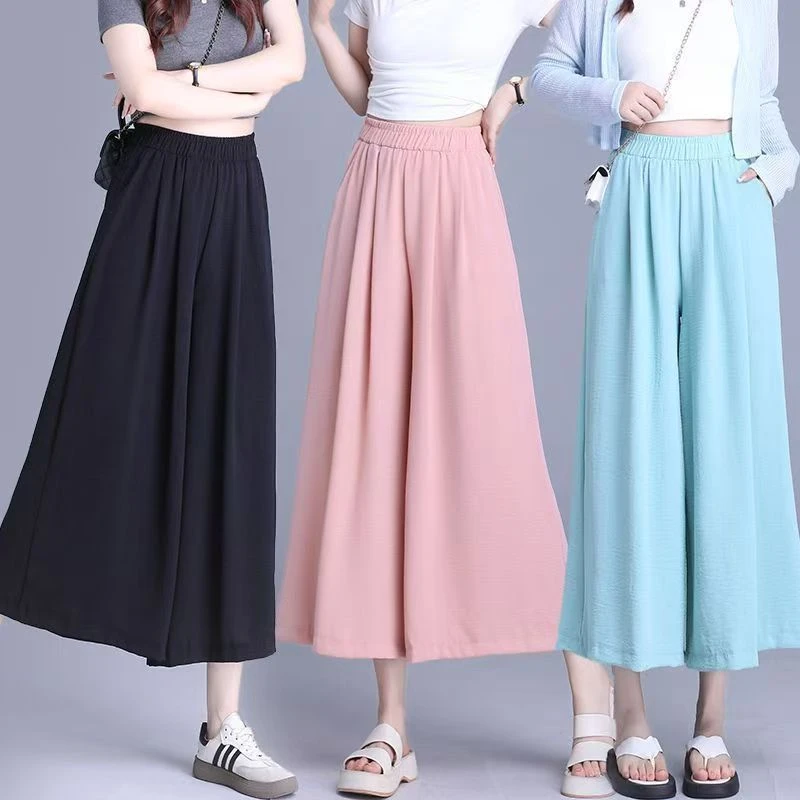 夏季薄款2025年小个子冰丝带口袋高腰八分裙裤宽松垂感休闲裤