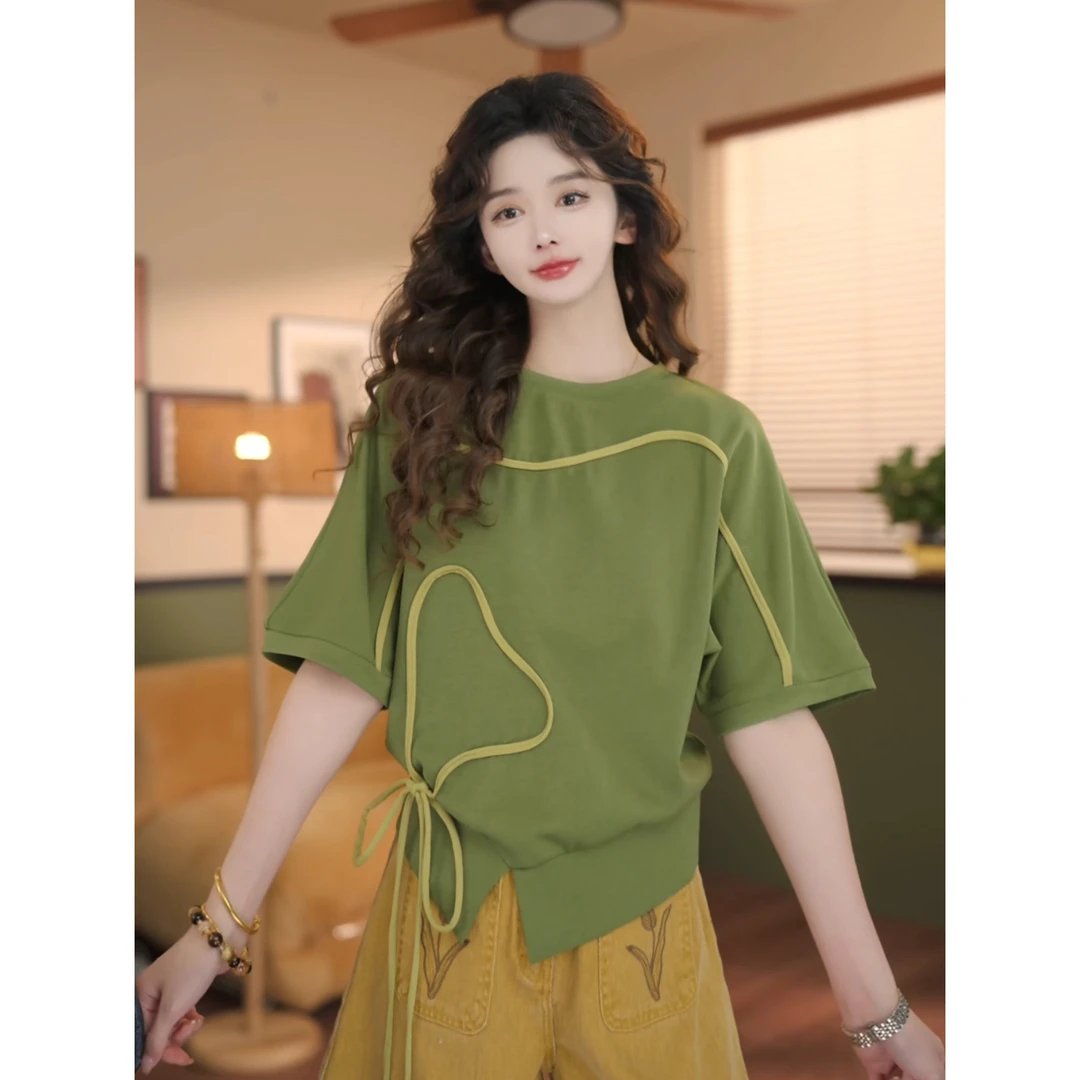 余紫绮【春烟扶柳】港风复古休闲短袖T恤女夏季宽松上衣ZW2023596