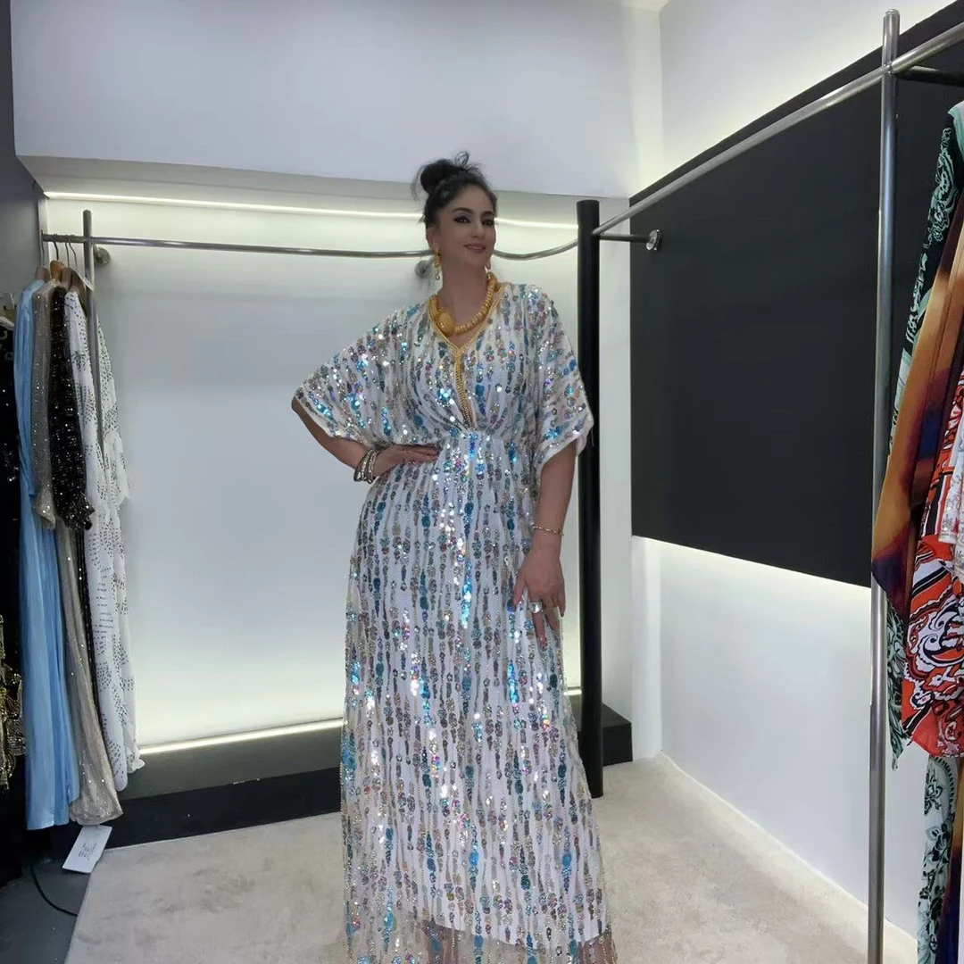 【Mrs MAIMAI】民族风重工烫钻时尚洋气优雅手缝钉珠长款连衣裙A125