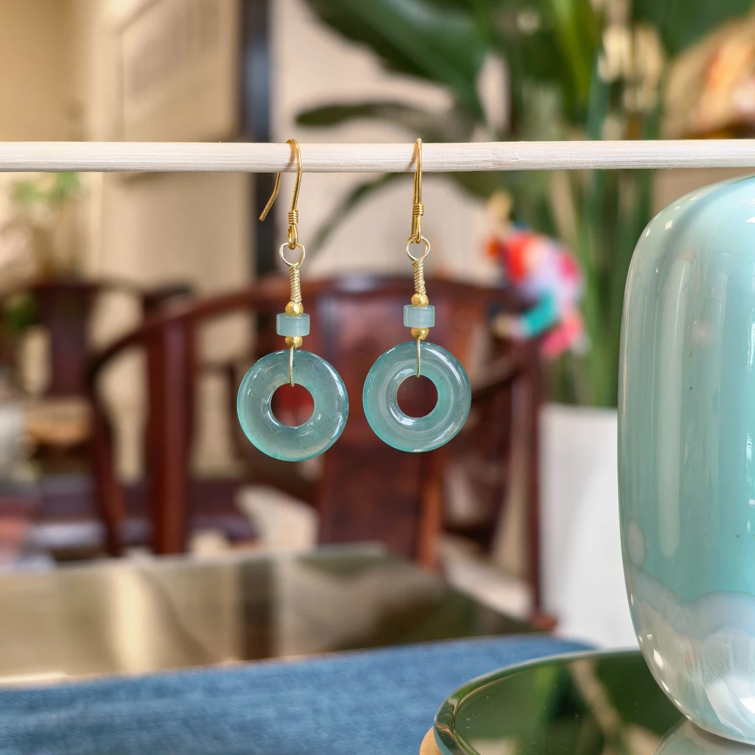 手工绕银线设计款同料蓝水平安扣翡翠耳坠