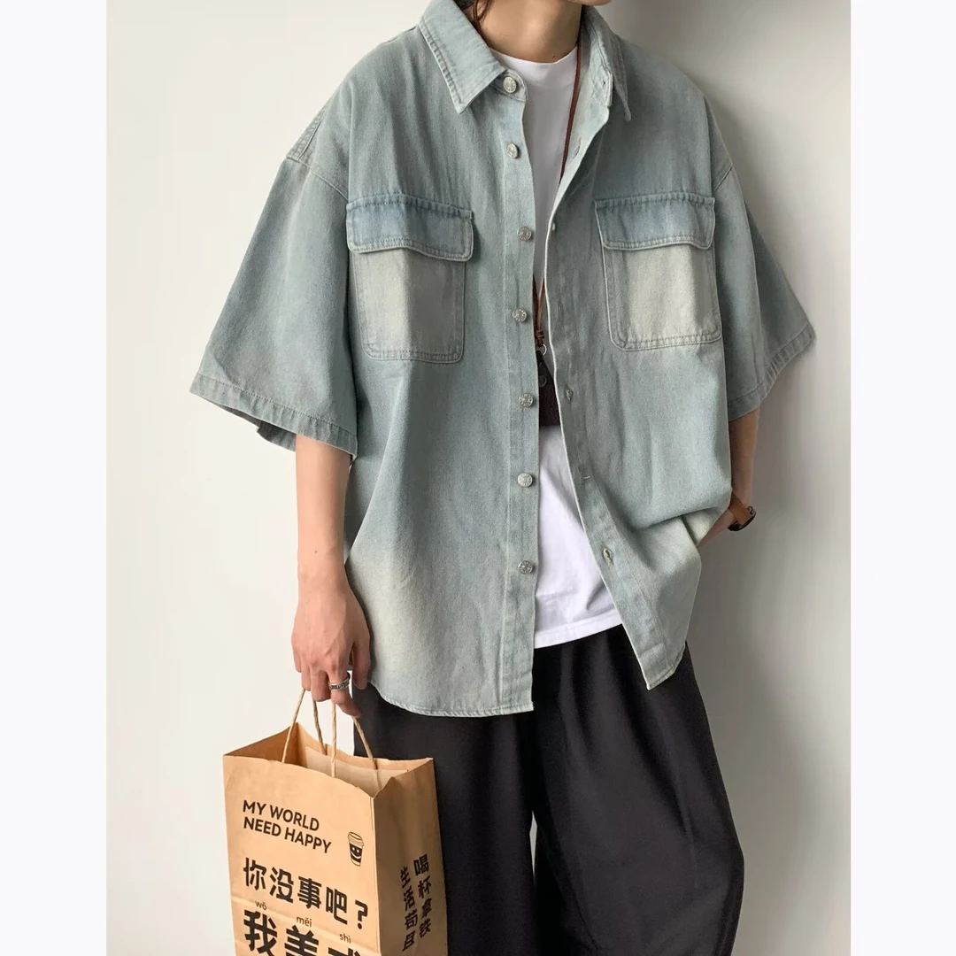 A041 牛仔衬衫男短袖夏季新款宽松青少年韩版五分半袖衬衣外套