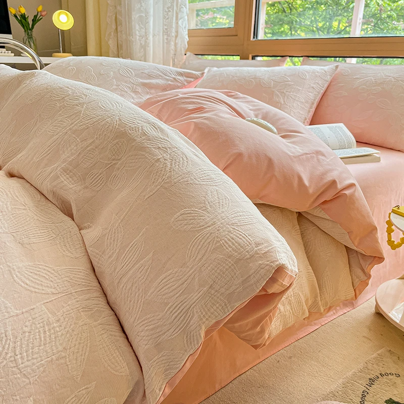 全棉三层纱色织水洗新款床上用品四件套