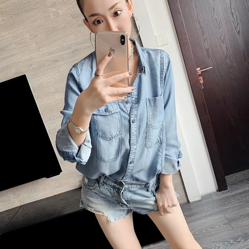 欧美不对称设计感修身天丝牛仔衬衣女秋季垂感长袖休闲衬衫上衣潮