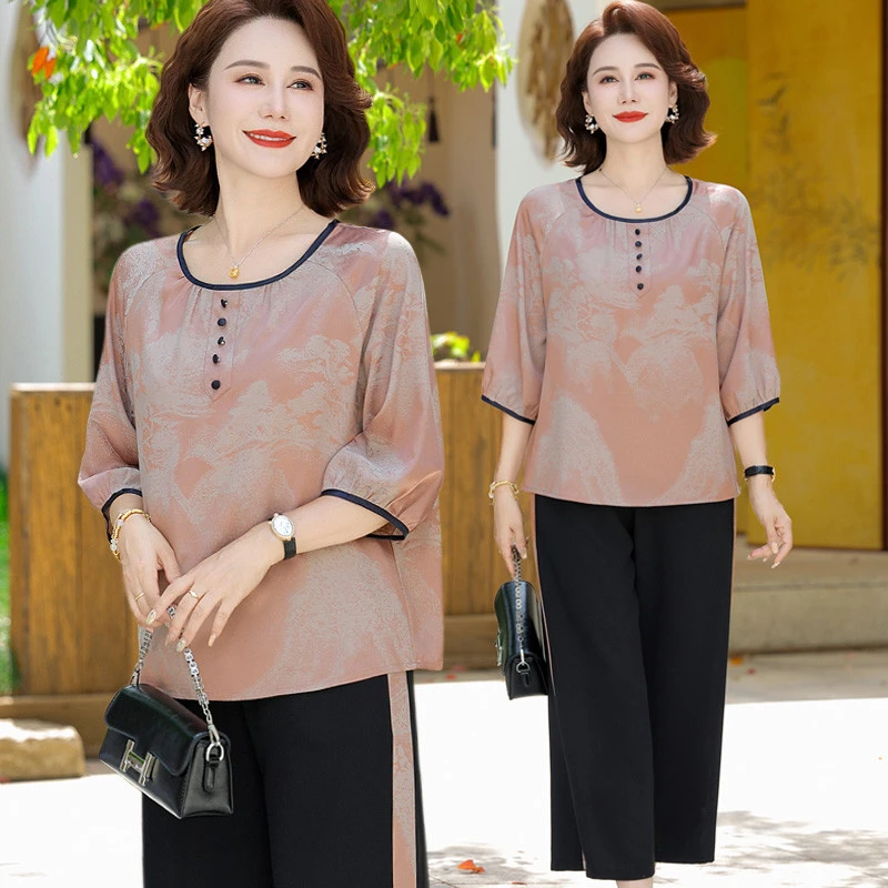 中年妈妈夏日套装中老年女夏装中袖恤小衫上衣阔腿裤两件套洋气