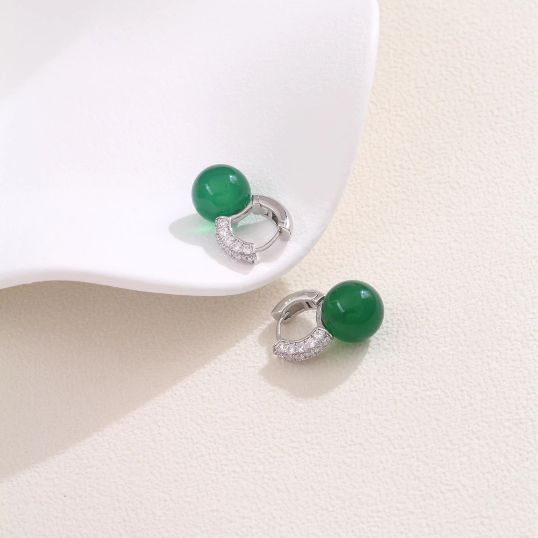 铜合金耳饰 《货号9444》绿色珠珠满镶耳扣耳环