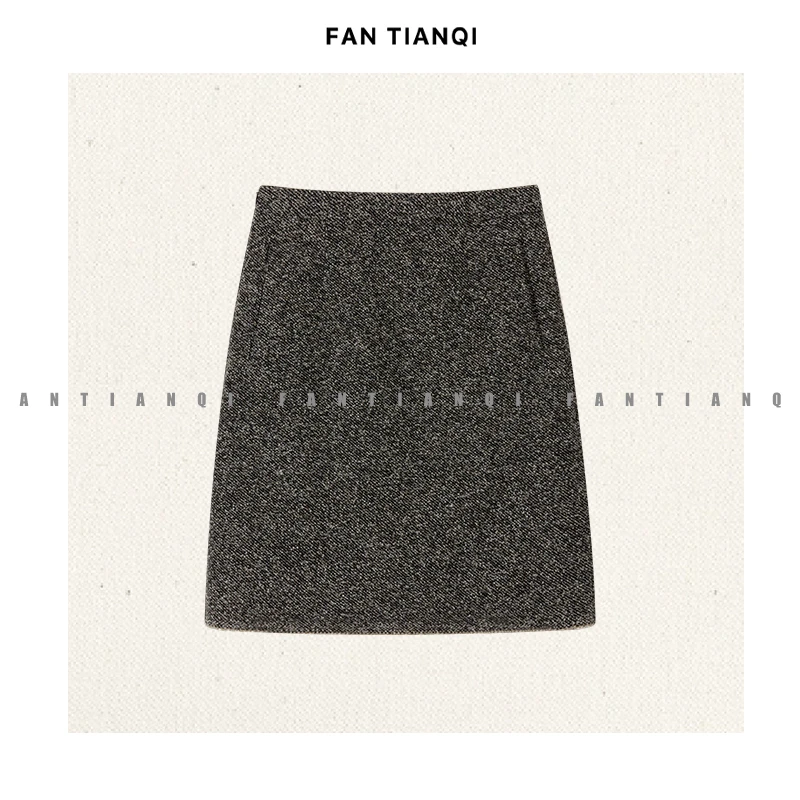范天奇/FAN TIANQI【司造】麻灰色粗花呢毛边直筒半身裙FZST57110-2