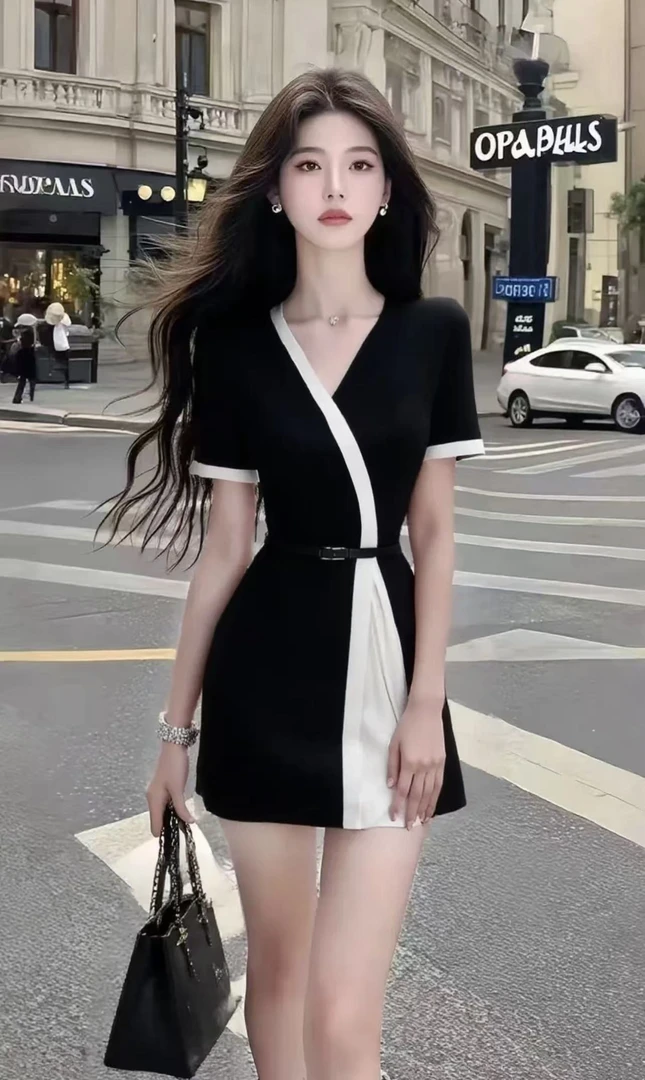 夏季2025新款温柔知性风黑色V领收腰短袖连衣裙女高级氛围感穿搭