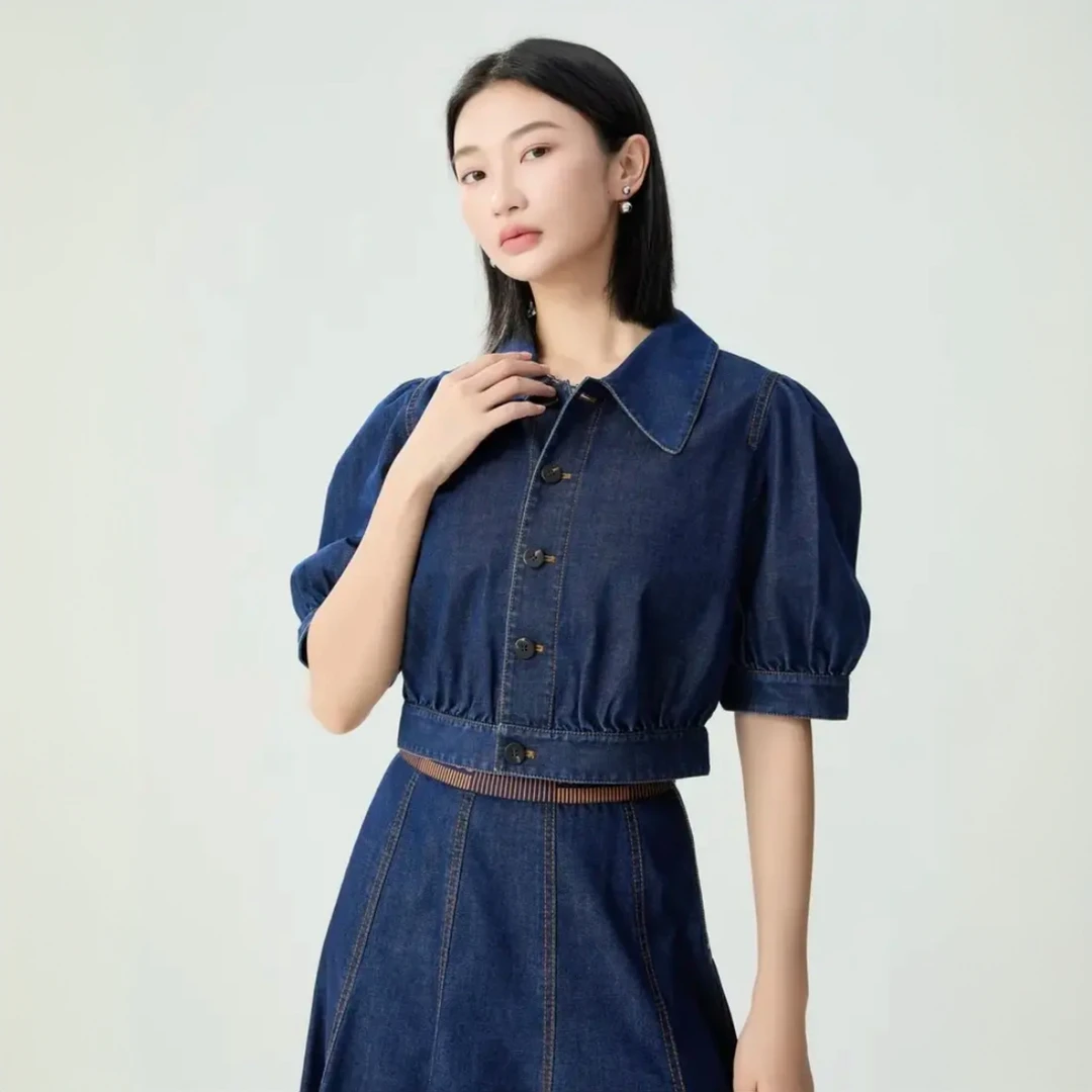 AMASS/阿玛施百搭时尚气质复古泡泡袖牛仔显瘦上衣女外套5301114