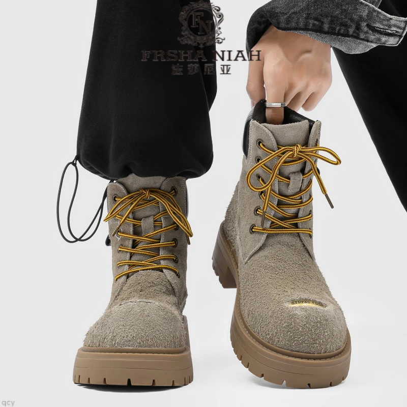 法莎尼亚新款德比大头马丁靴男翻毛厚底增高美式户外沙漠靴高帮机