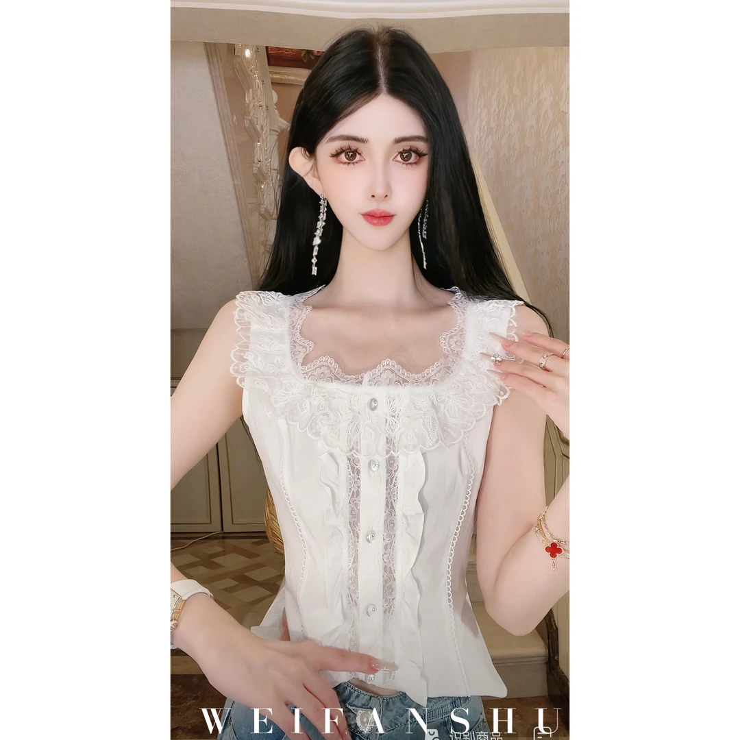 WEIFANSHU/魏凡舒【北海书信】夏季新款设计感收腰方领蕾丝显瘦上衣