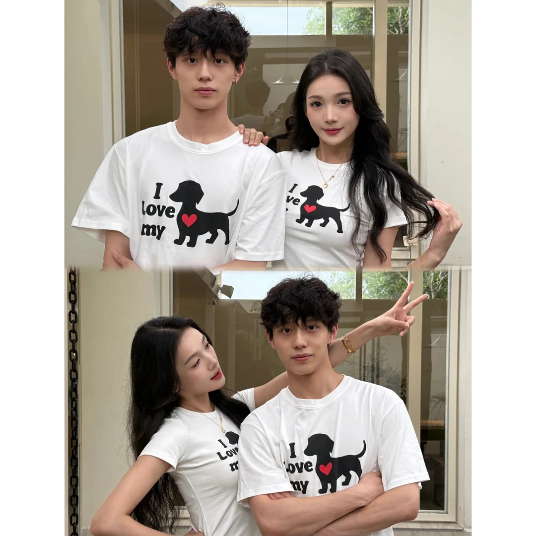 【销量2w+！】heyab*情侣款美式复古小狗印花正肩短袖上衣～101