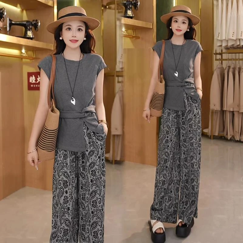 时尚套装女2025夏季新款时髦洋气不规则显瘦短袖上衣阔腿裤两件套