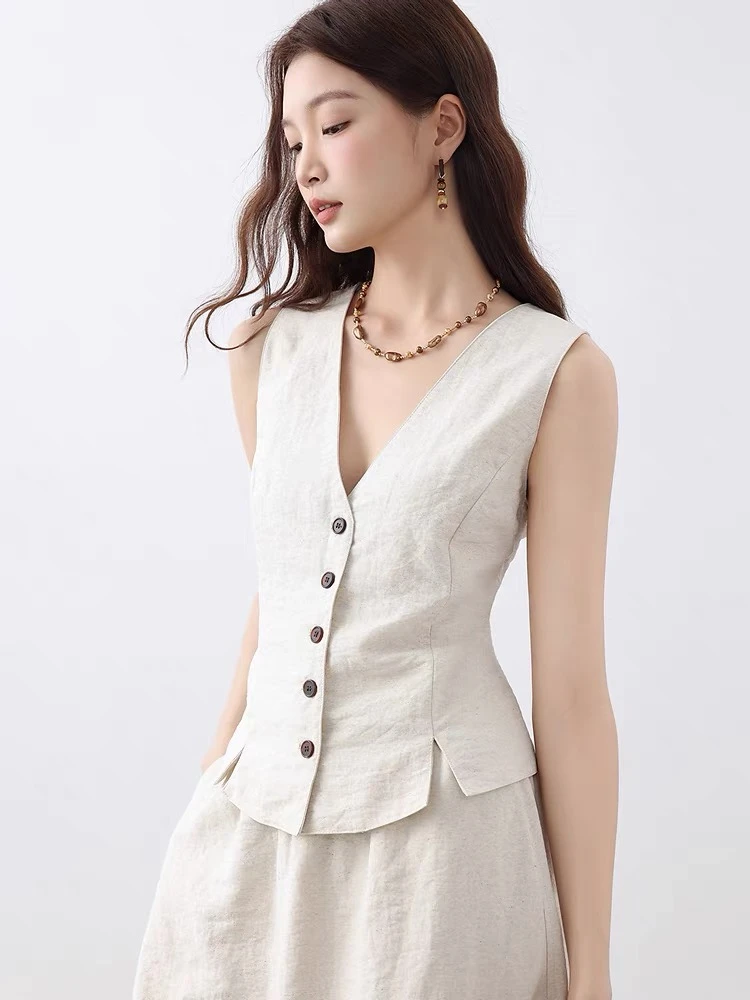 女外穿夏季轻熟风马甲气质简约V领宽松短款无袖上衣YA25216M001