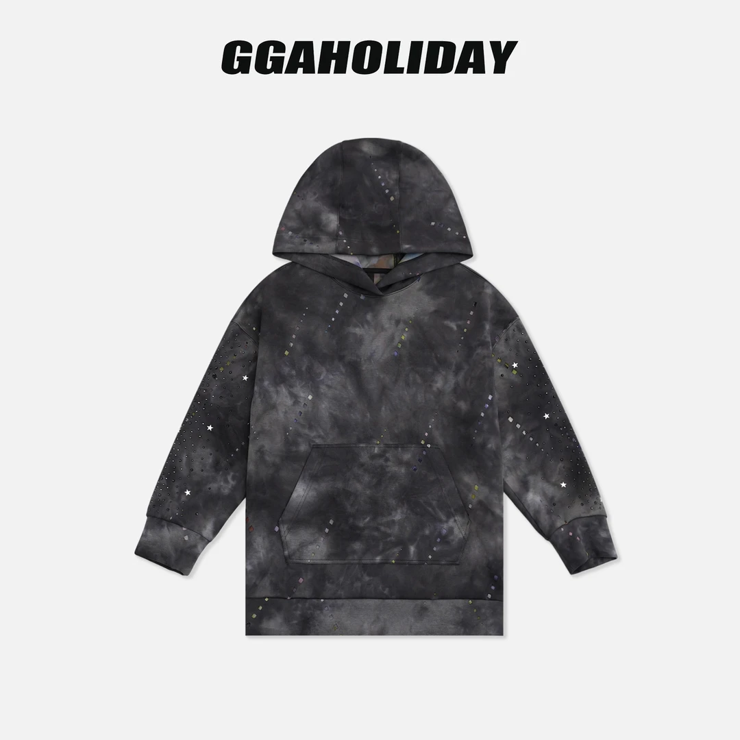 GGAHOLIDAY秋冬连帽宽松长袖时尚休闲潮流扎染破洞卫衣-154026