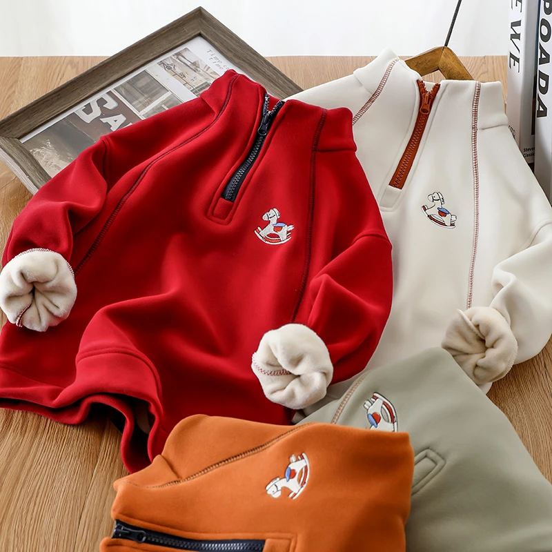 男女童立领加绒卫衣2025秋冬新款儿童小马刺绣半开拉链上中大童