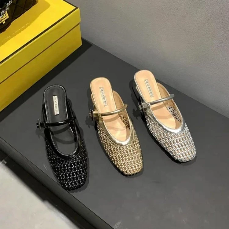 夏季新款玛丽珍鞋法式编织镂空粗跟包头半拖鞋女外穿休闲百搭单鞋