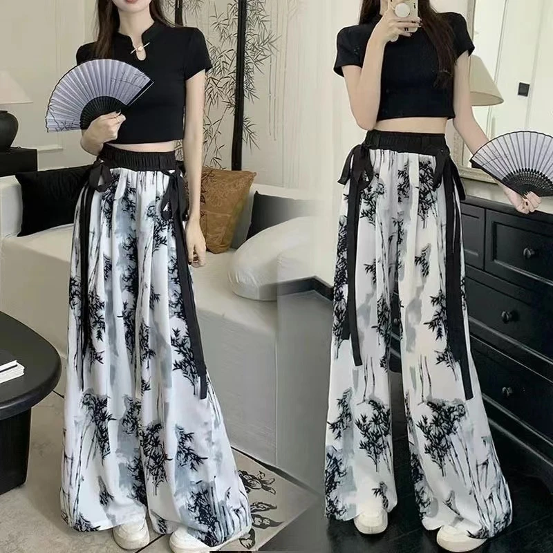 阔腿裤女高腰垂感夏季薄款冰丝凉凉裤潮流个性别致印花休闲拖地裤