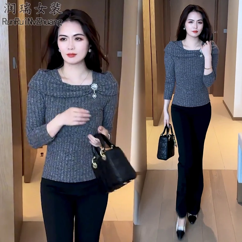 静奢风时尚套装女2025秋季新款设计感修身T恤打底衫微喇裤两件套