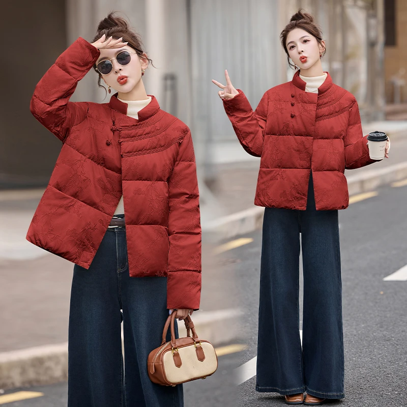 新中式国风提花羽绒服女短款2025冬季新款复古盘扣保暖白鸭绒外套