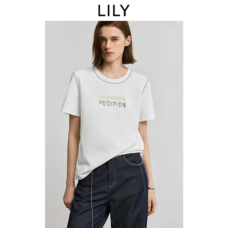 LILY2025夏撞色亮片字母圆领白色短袖T恤125249VT994