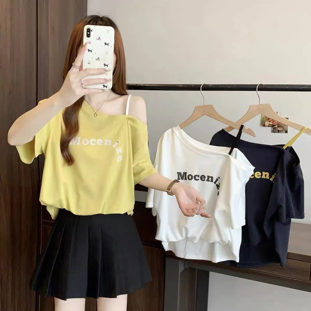慵懒风露肩t恤女斜肩短袖2025夏设计感字母印花上衣