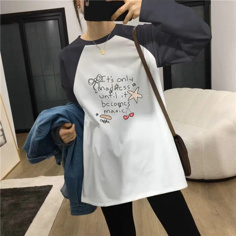 搭配鲨鱼裤撞色磨毛长袖T恤女中长款打底衫2025新款上衣内搭秋冬