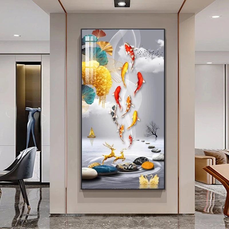 客厅入户玄关装饰画现代轻奢进门走廊过道鱼鹿竖版挂画背景墙壁画