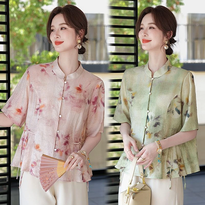 中年妈妈夏装衬衫立领洋气短袖夏季中老年女装小衫气质减龄上衣服