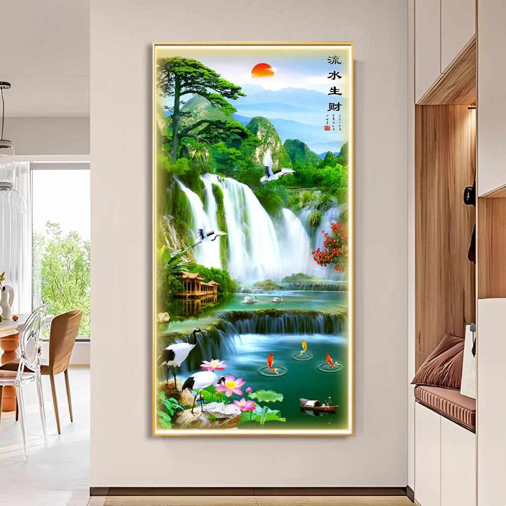 入户玄关带灯装饰画带灯画新中式山水画走廊过道壁画现代挂画