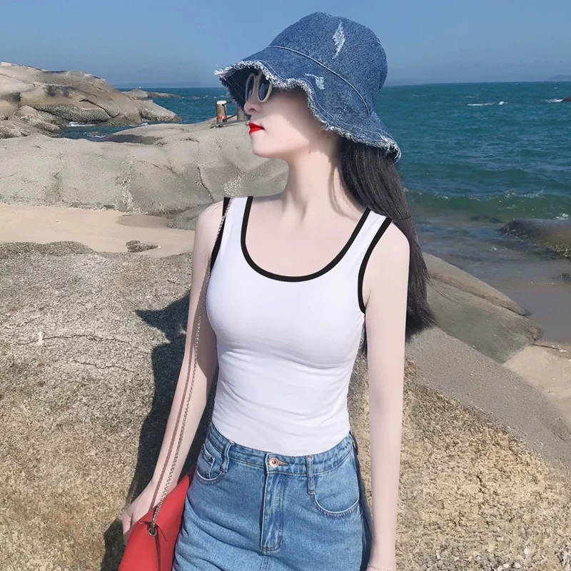 111裸感撞色背心固定女夏季外穿遮副乳修身显瘦无袖上衣