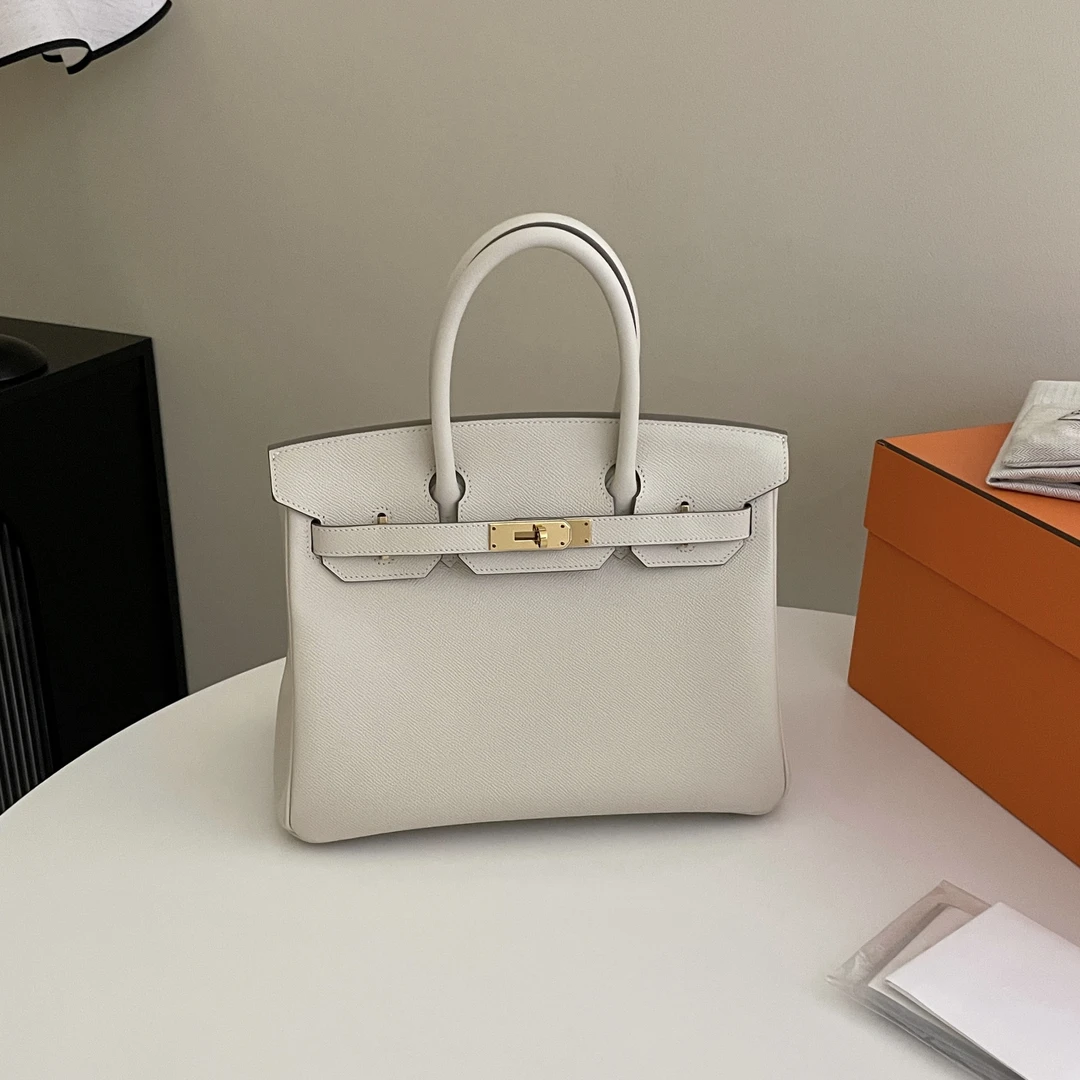 95新 Hermes/爱马仕 Birkin30 奶昔白金扣A刻手提包 5993