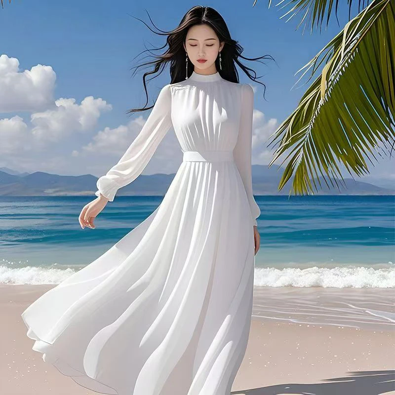 法式温柔风海边度假收腰显瘦长裙高级感2025超好看绿色长袖连衣裙