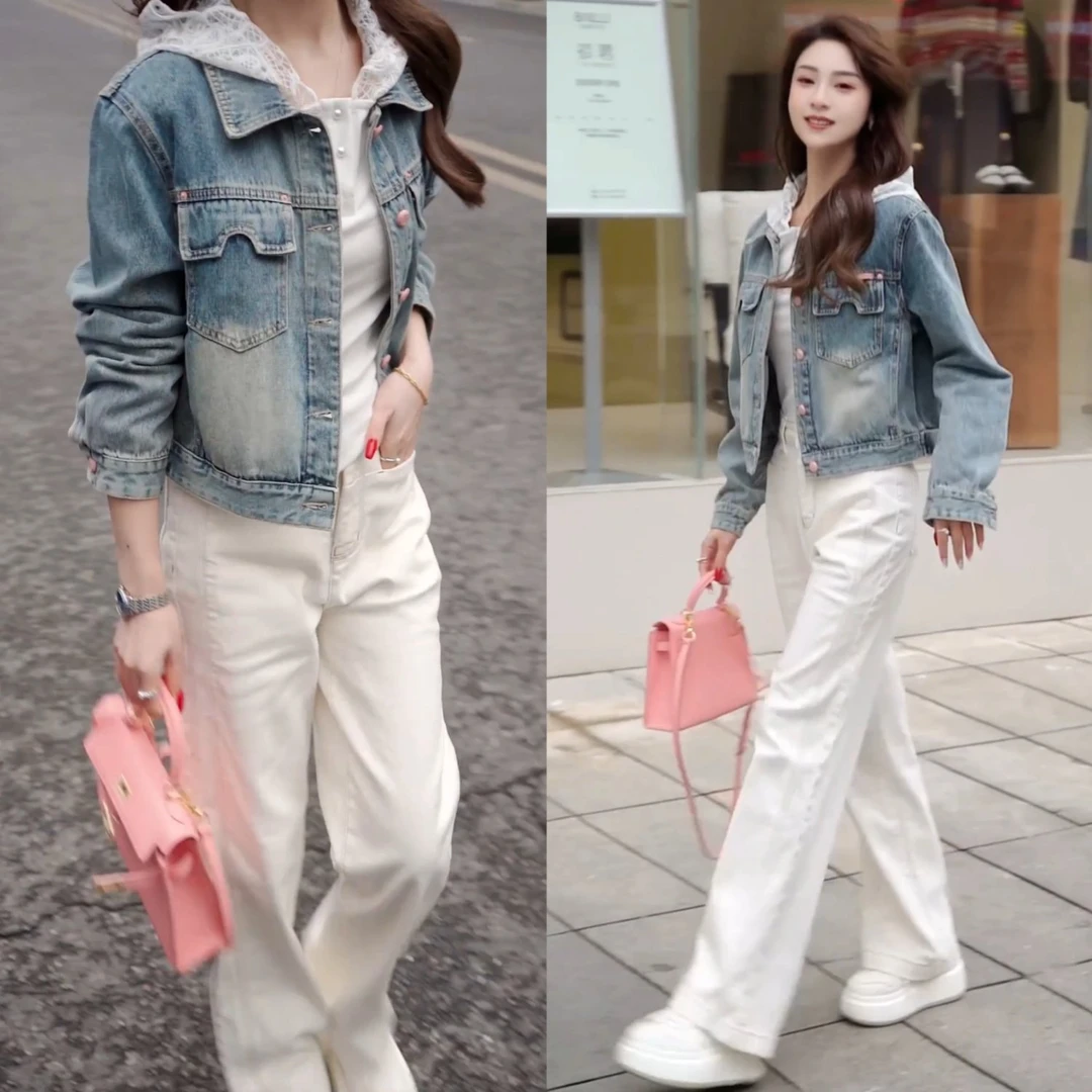 港风设计感后背刺绣牛仔外套+百搭拼接蕾丝连帽长袖+长直筒牛仔裤