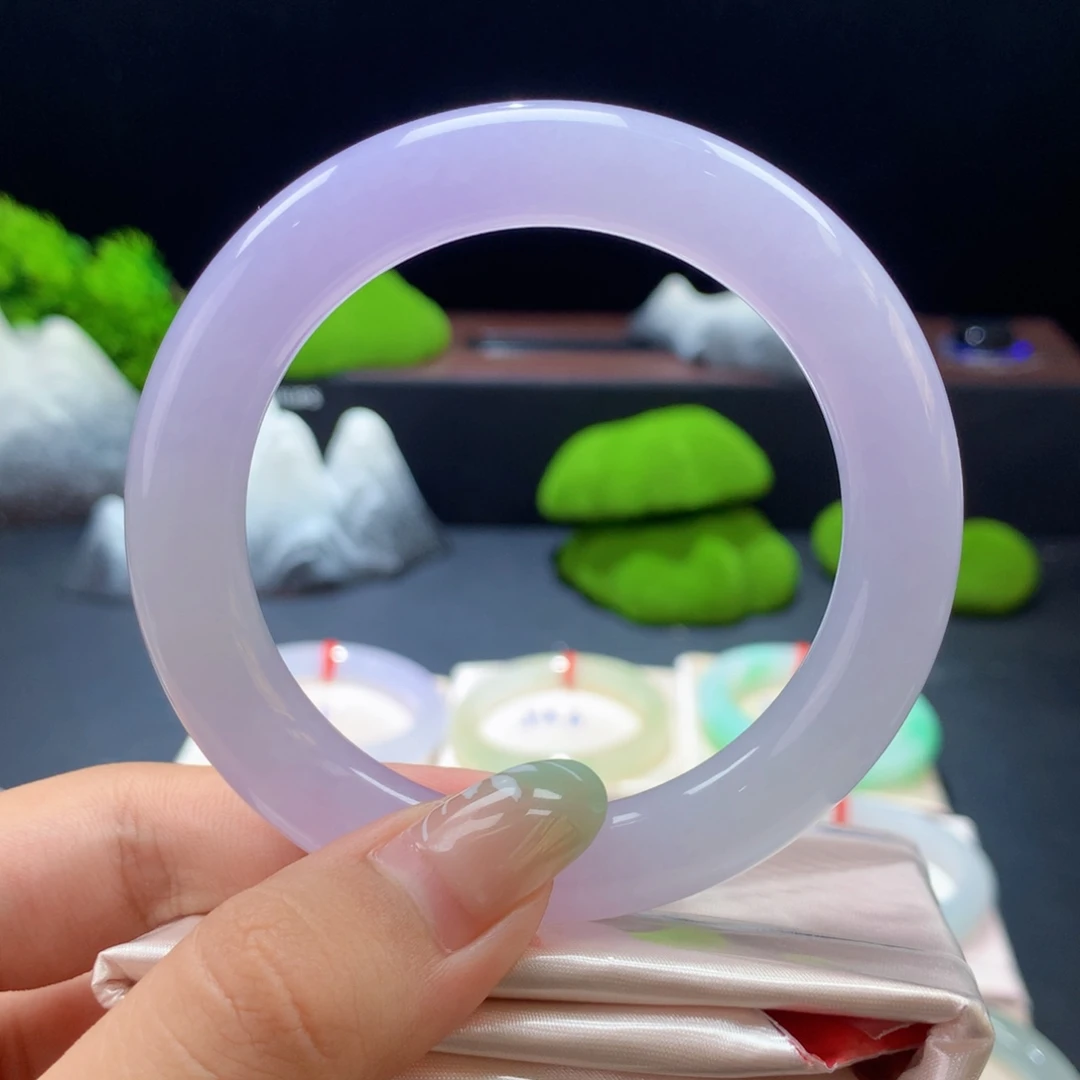 翡翠未镶嵌手镯淡飘紫圆条16