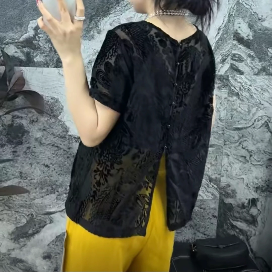 2025年植绒提花上衣女时尚宽松显瘦植绒烧花打底衫女