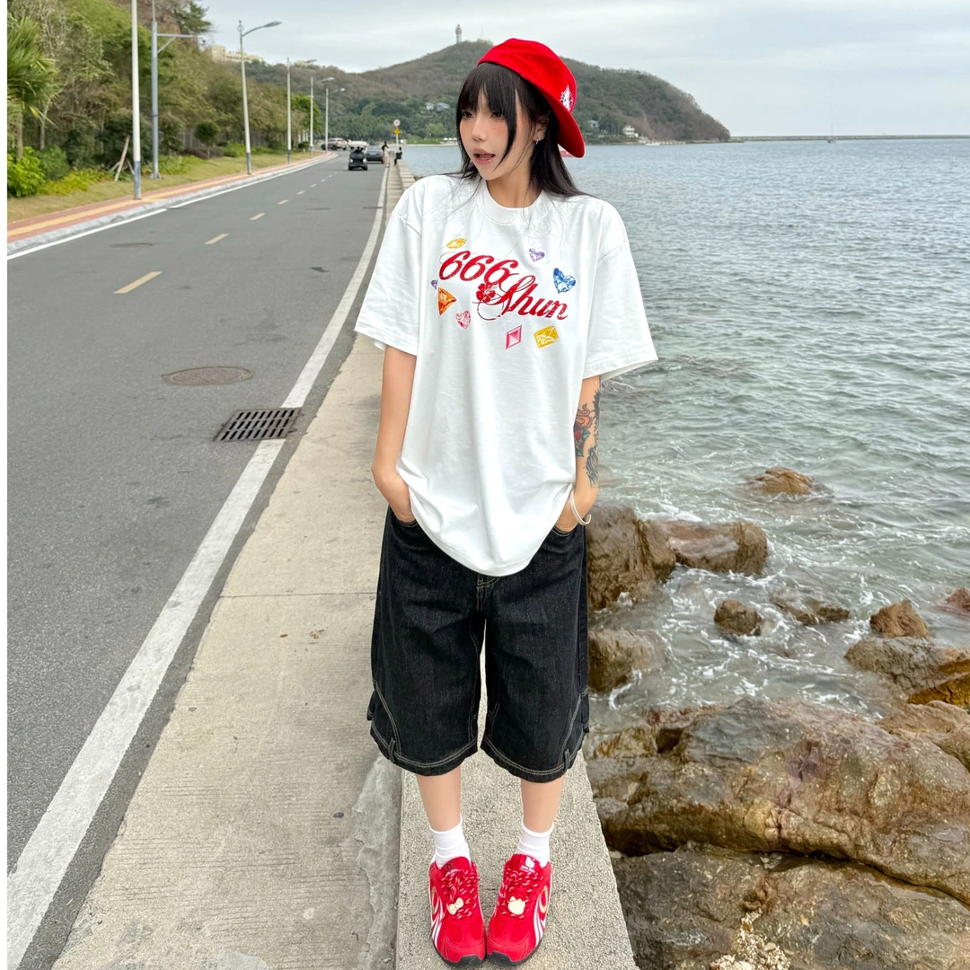 666SHUN夏季彩色宝石短袖T恤男女同款美式高街休闲五分袖体恤衫