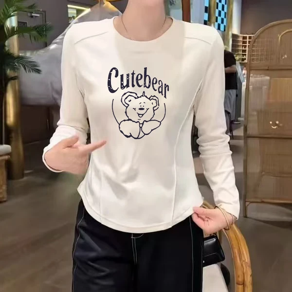 女t恤秋季新款圆领白色小众别致上衣设计感弧形下摆内搭长袖正肩