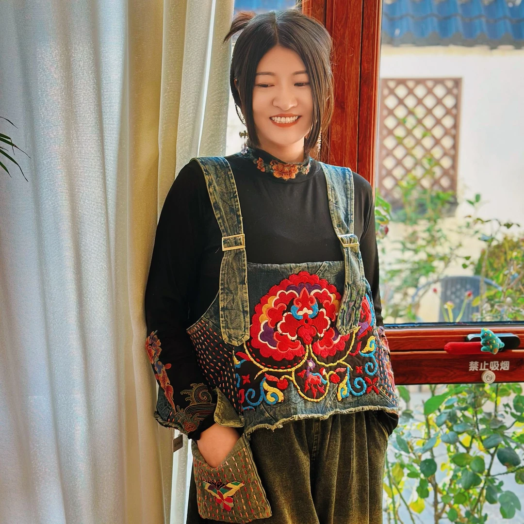 【初雪】牛仔吊带背心短款中国风拼接复古时尚宽松百搭休闲25060