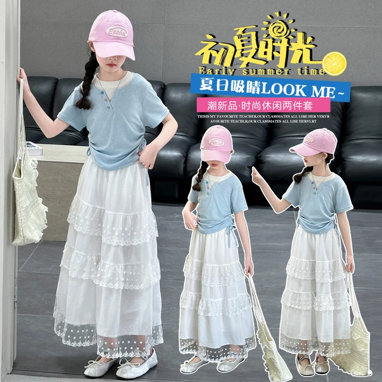 夏季爆款女童半身裙套装2025中大童6-15岁洋气短袖两件套休闲百搭