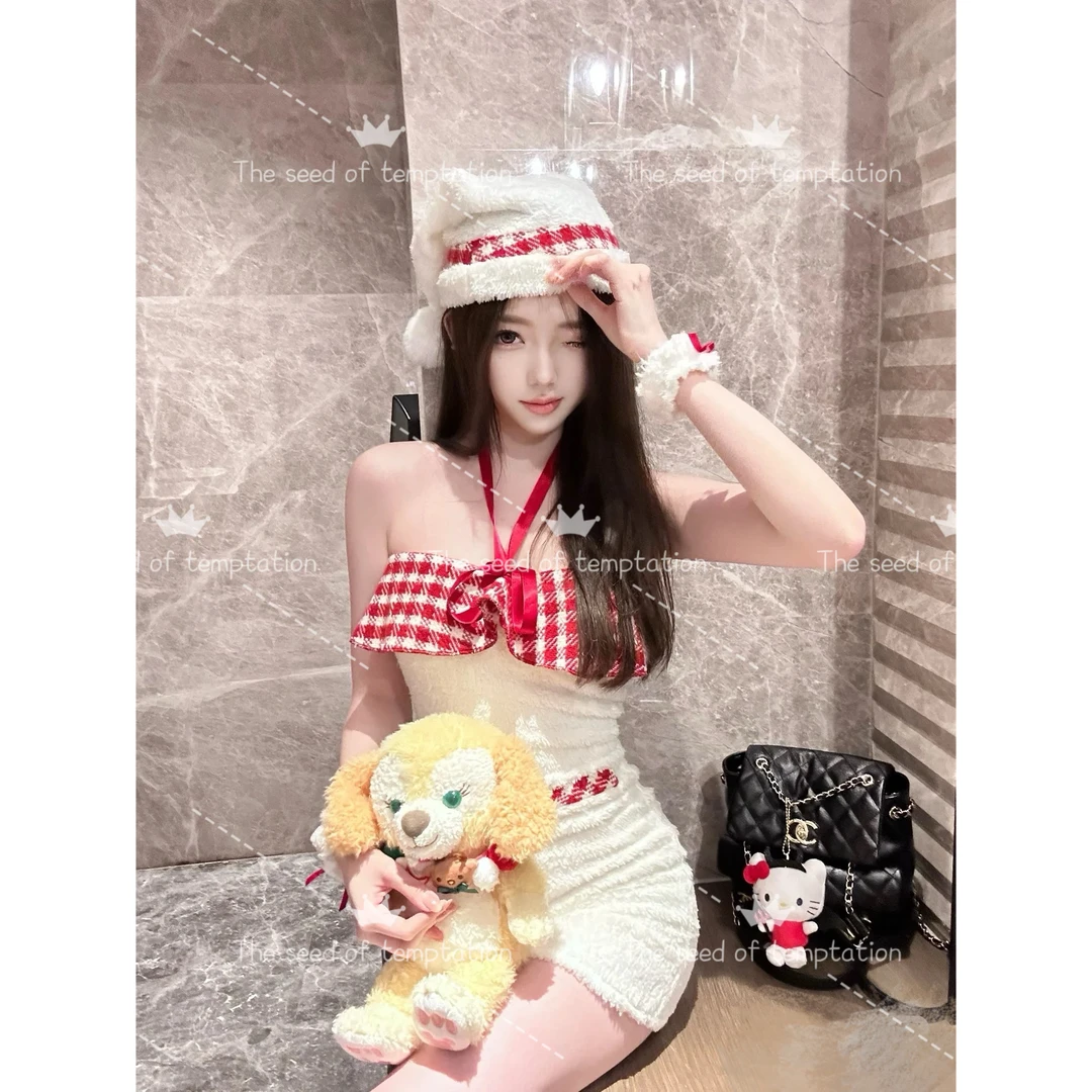 TSOT「毛绒果果」性感蝴蝶结甜美可爱俏皮纯欲短款圣诞连衣睡裙