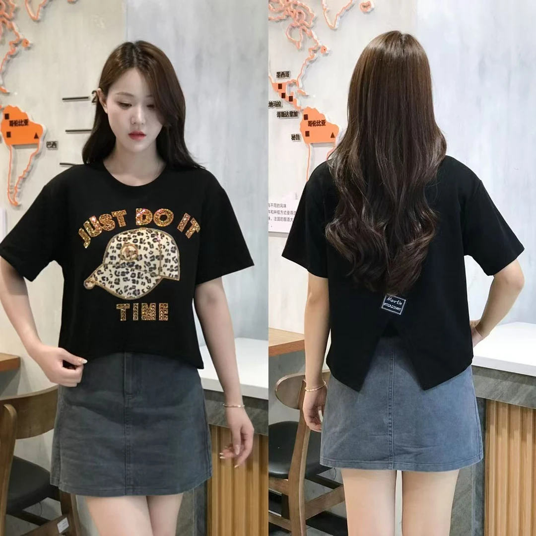 字母烫钻圆领短袖T恤女2025新款夏季高级感气质时尚百搭上衣