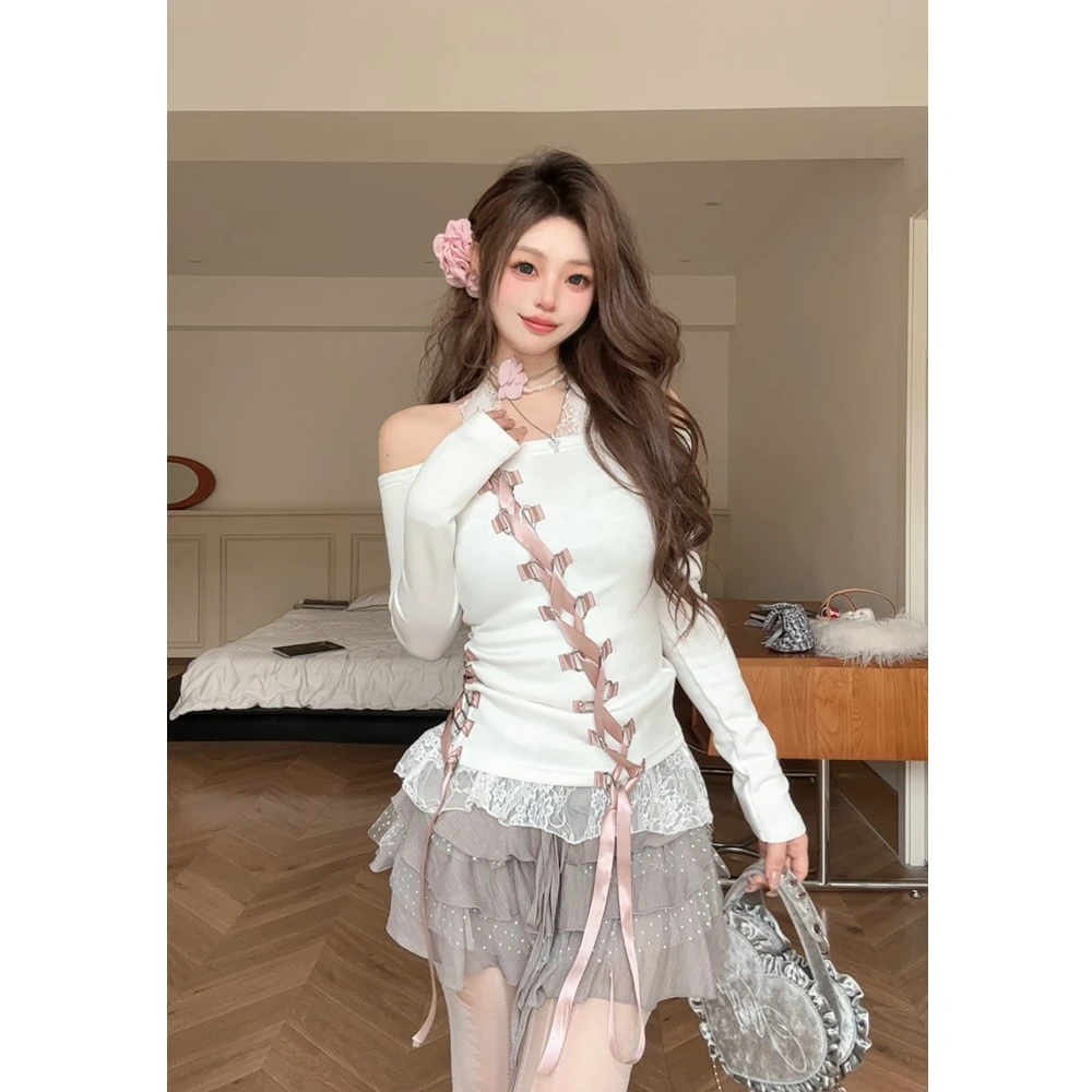 {白桃泥日志}长袖T恤女春夏款 设计感白色显瘦丝带气质辣妹抽绳