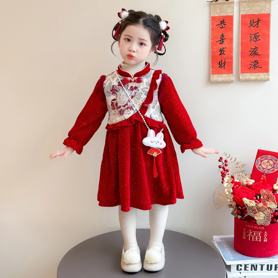 女童中国风连衣裙冬装红色新年拜年服国风长裙儿童装加绒裙子冬季