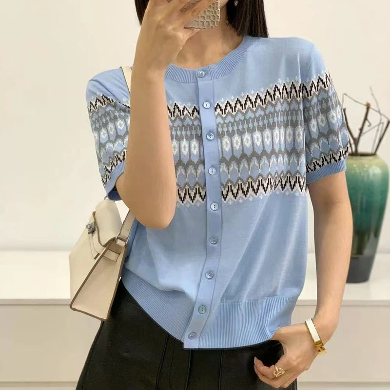 【香嘉怡新品】XJYE4233女士莱赛尔圆领提花纽扣开衫夏季针织衫