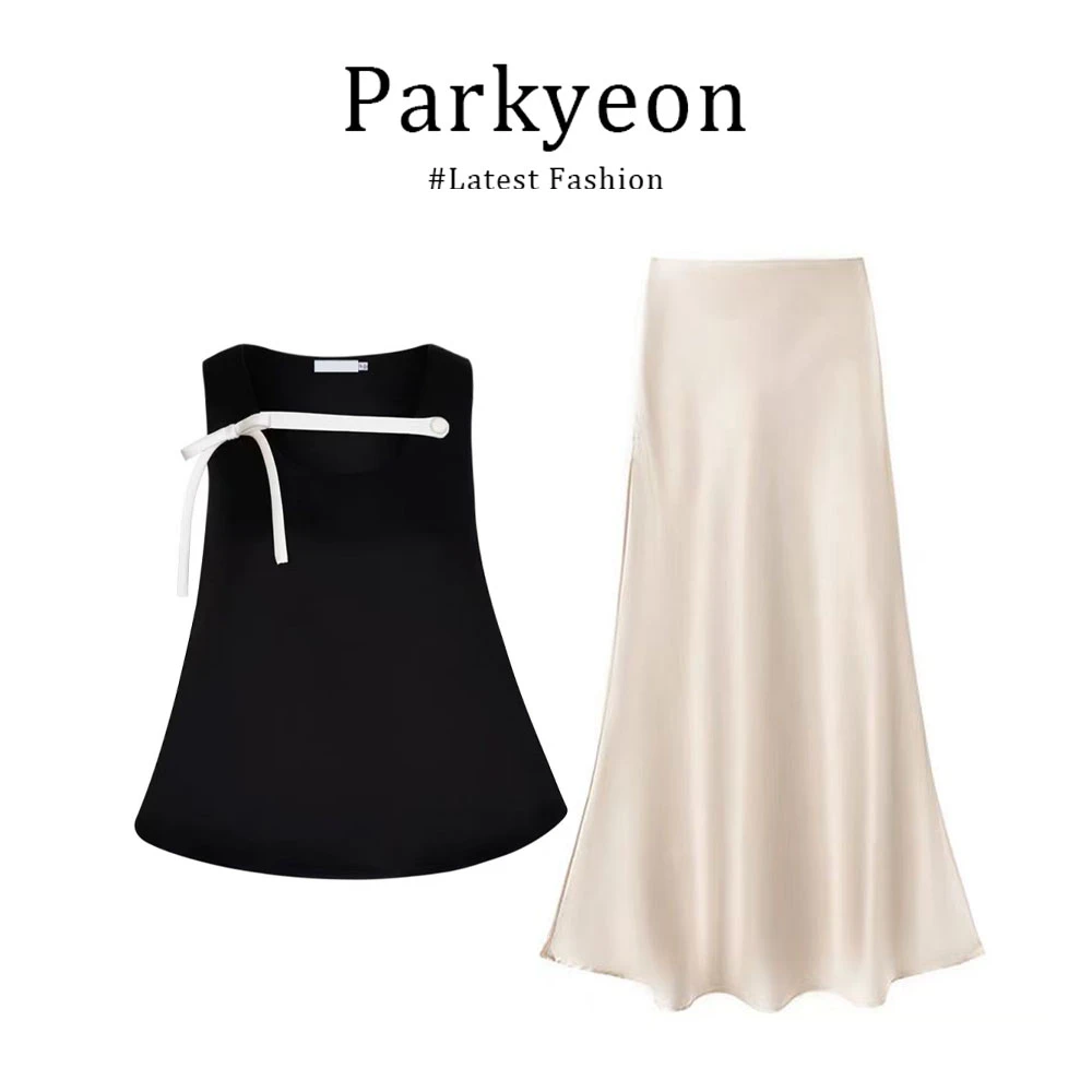 parkyeon夏季修身显瘦休闲百搭无袖上衣气质高腰A字半身裙两件套