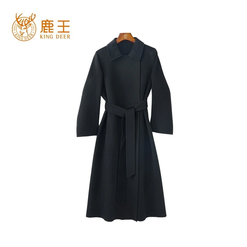 鹿王24秋冬新款女翻领一粒扣100山羊绒系带休闲长款大衣 LX203