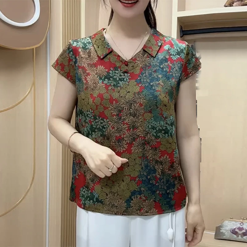 606时尚妈妈碎花衬衫夏季新款大码娃娃领遮肚显瘦薄款上衣短袖T恤